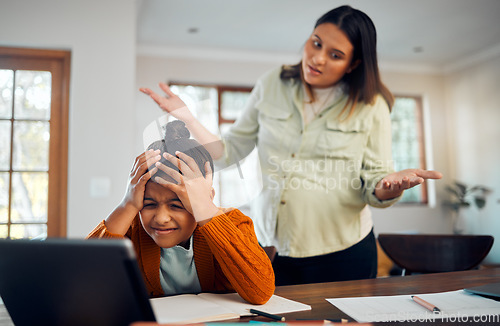 Image of Education, fail and children with a student girl and indian woman looking confused or in doubt while distance learning. Autism, student or internet with a female pupil elearning at home with a parent