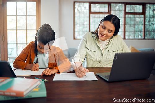 Image of Help, education and homework with girl and mother writing for work from home, support and education. Laptop, virtual and remote learning with student and mom for development, home school and online