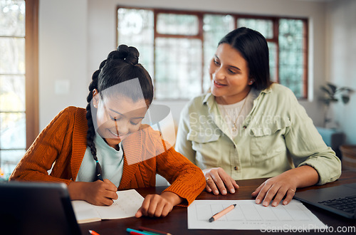 Image of Math, education and girl with mother learning multiplication in home. Home school, homework and mom helping to teach child mathematics, numbers and studying while writing in book at desk in house.