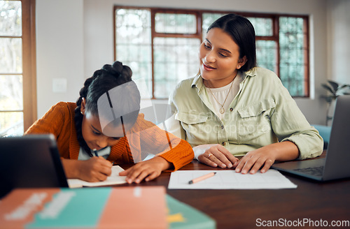 Image of Child, homework and learning with mother while writing in notebook for virtual education class at table at home with support, care and supervision. Woman helping girl with school work in house