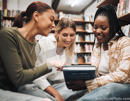 Image of Student, friends and book in school library for education, learning or knowledge together at university. Students smile for book club, books or information for research assignment or group project