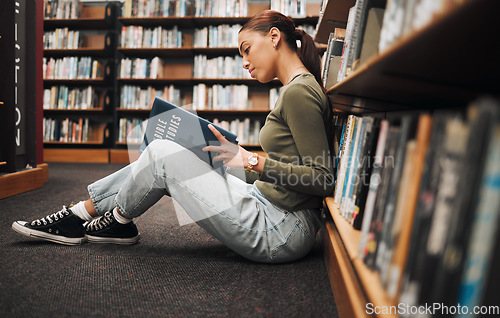 Image of Book, reading and library student on floor with learning, education and research for school, university or college with inspiration. Bookshelf, Bible study history and a woman on ground reading book