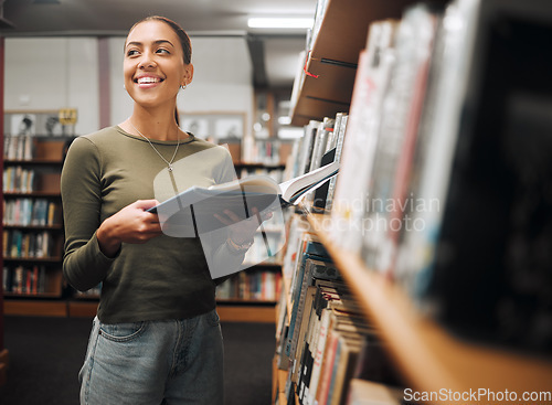 Image of Student, happy and reading books in library for education learning or university research in bookstore. Bookshelf, college girl and thinking for studying, innovation ideas vision or fiction happiness