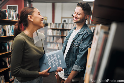 Image of Man, woman and talking in library, knowledge and bonding with smile. Young female, male and students in bookstore, education and book for learning, studying or conversation for literature and novels.