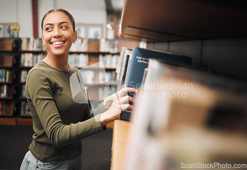 Image of Student woman, search bookshelf and library for study, research and knowledge at university. College student, information and studying for education, college and learning for scholarship in Atlanta