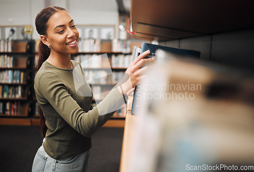 Image of Student search bookshelf for books in library for education, knowledge and learning about history, philosophy and language study. Happy woman with book for reading, studying and project research