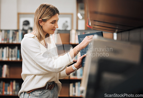 Image of Bookshelf, search and woman at library for free learning, knowledge and education with studying, mind development and school. University student with language, history or creative research and books