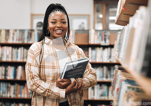 Image of Portrait, black woman and library with book, knowledge and relax with free time. Nigerian female, student smile and customer in bookstore, for reading and literature for education, study and research