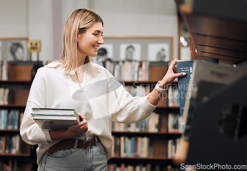 Image of Girl, student and search books in library for education, knowledge and learning. Happy young woman at university, college and bookshelf for reading, studying at campus and doing research for project