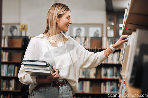 Image of Books store, library choice and woman choosing best seller for university research, college study or school education learning. Commerce, retail shelf and student customer shopping for best seller