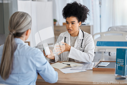 Image of Health, consultation with doctor and patient, hospital and medicine prescription, healthcare and help at medical office. Women, communication and advice, health insurance and health care talk.