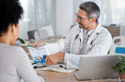 Image of Consulting, brochure and help with doctor and woman in office for life insurance, medical and safety. Results, support and advice with patient listening to healthcare worker for learning in checkup