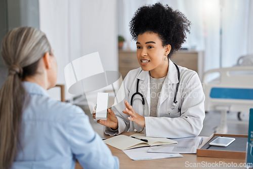 Image of Doctor, healthcare and consultation for medicine prescription for covid, flu or cold. Wellness, corona and elderly woman consulting black female medical physician for cough mixture in hospital office