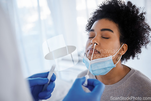 Image of Covid, health and medical test with black woman, nasal swab and doctor with patient, healthcare and face mask. Sample collection for PCR, diagnosis and health care, covid 19 compliance and safety.