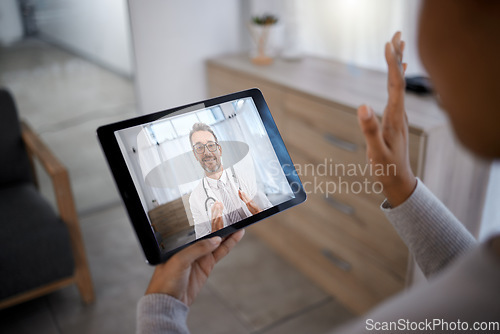 Image of Doctor consulting patient on video call screen for telehealth communication, support and help with healthcare, insurance and advice. Medical man in zoom call on digital technology for virtual service