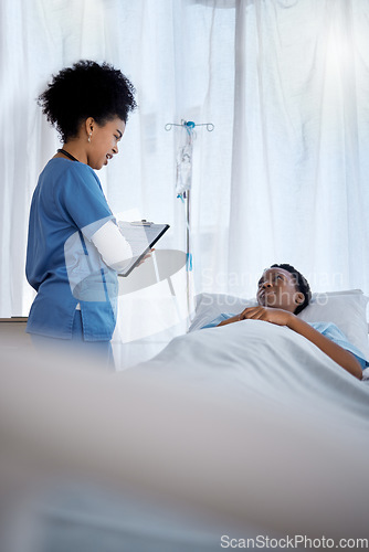 Image of Consultation, black woman in hospital bed and nurse with clipboard for symptoms, questions or results. Health, wellness and sick patient consulting medical worker with checklist for help or recovery