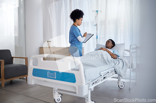 Image of Nurse, sick patient and hospital consultation for healthcare and medical support with health insurance for stay with checklist for questions and wellness. Woman worker and client in bed for revocery