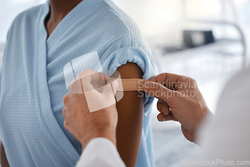 Image of Healthcare, vaccination and patient with plaster from doctor in consultation room of hospital. Medicine, specialist and medical professional with bandage for woman after injection at medicare clinic.