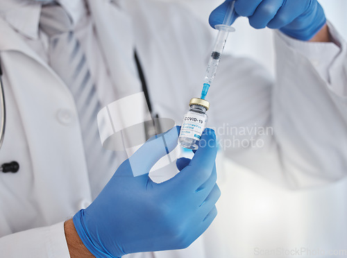 Image of Covid, doctor with needle and vaccine injection for health, cure and protection. Medical professional, hands and vaccination against corona, virus and illness safety, procedure, closeup or healthcare