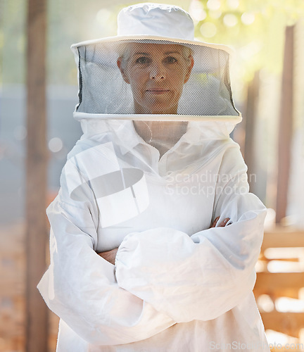 Image of Portrait, beekeeper and woman with arms crossed at farm getting ready for work. Leadership, beekeeping and female small business farmer and mature worker preparing for honey harvest in safety suit.