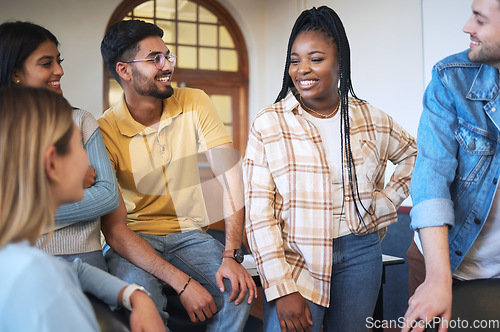 Image of University, project and group of students in discussion for research, study or information in classroom. Happy, diversity and friends talking on education, learning and scholarship on college campus.