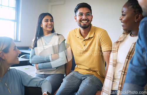 Image of College friends, talking and happy people in school discussion for student scholarship, education and learning together with diversity freedom. Smile of men and women youth talk group in classroom