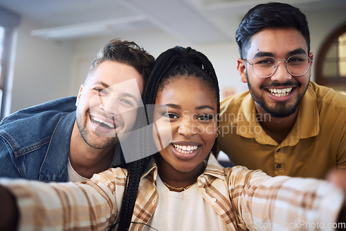 Image of Happy, selfie or students face with smile for education success team building, collaboration or teamwork. Diversity, learning or friends for scholarship portrait, comic or happiness photo in class