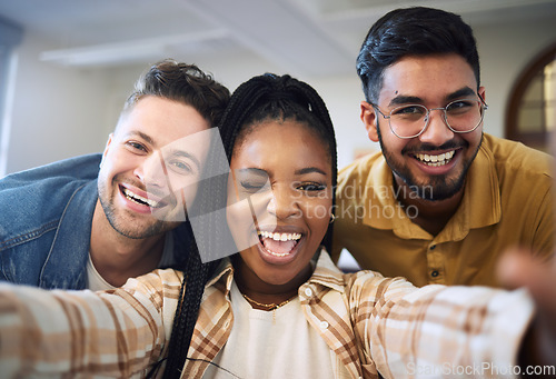 Image of Friends, selfie and funny post with students together for social media content with a smile, wink and positive mindset for scholarship. Face portrait of men and black woman for profile picture