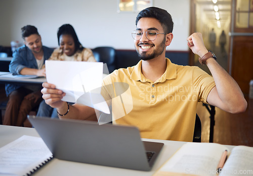 Image of Man, student and excited with letter, laptop for typing and achievement for scholarship. Indian male, documentation with positive outcome and celebration for result, victory or approved application