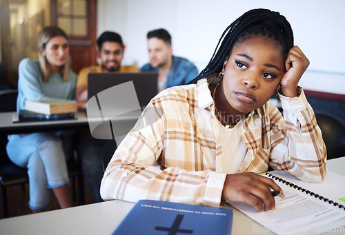 Image of Sad, studying and African student with vision for future, thinking of exam and burnout from education at college. Depression, tired and bored woman with stress, anxiety and frustrated in a classroom