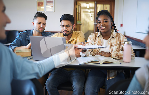 Image of University, students and group project with teamwork sharing paper, documents and information for research homework. College, student diversity and friends working together for marketing presentation