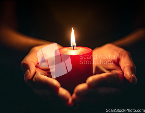 Image of small candle burning held in hands on black background generative ai