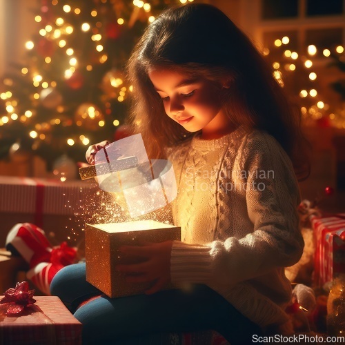 Image of young child opening a wondrous glowing gift on christmas morning generative ai