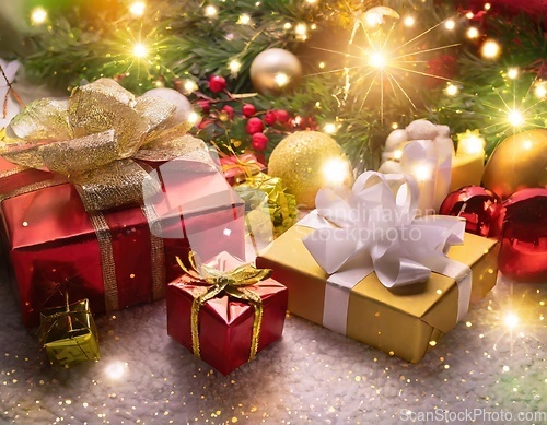 Image of christmas presents wrapped with bows under the xmas tree generative ai