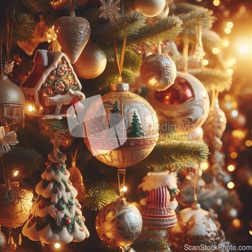 Image of closeup of beautiful tree with lights and ornaments generative ai