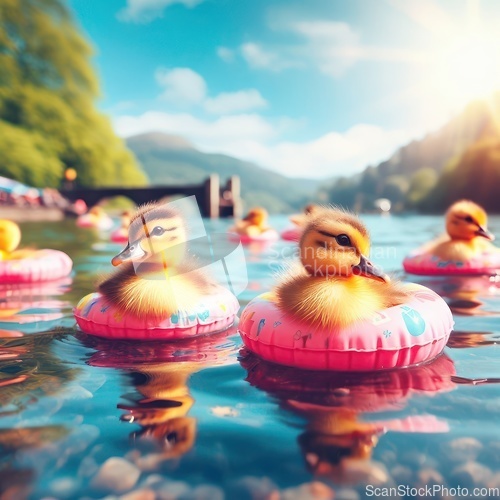 Image of cute ducklings swimming in the lake with a floaty ring generative ai