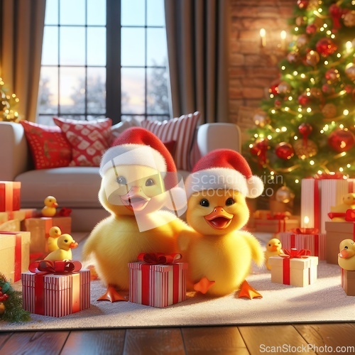 Image of fluffy ducklings with gifts at christmas 3d art generative ai