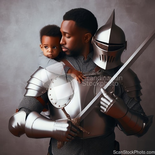 Image of overprotective father in knight's armor with child generative ai