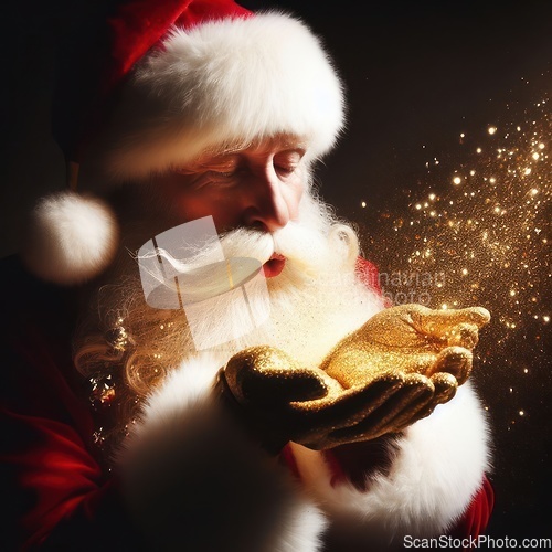 Image of santa claus blowing magical golden glittering wishes generative ai