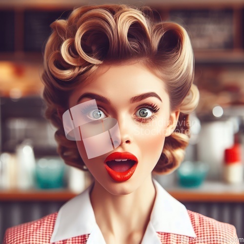 Image of pretty waitress in diner with lipstick is surprised generative ai