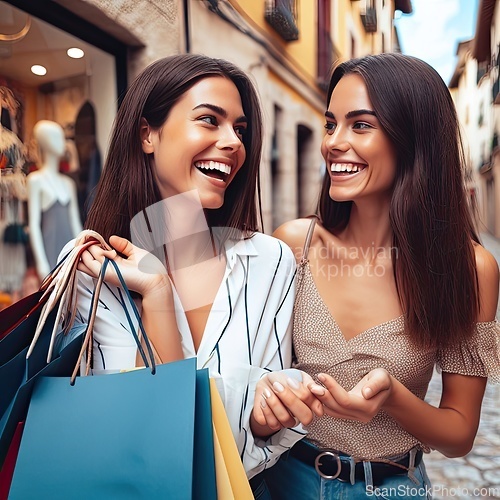 Image of two happy women shopping while on vacation generative ai