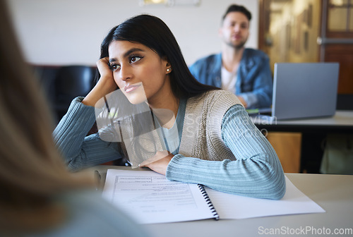 Image of Student woman, classroom and thinking for education, college or learning for idea development. University, class lecture or female college student with daydream, bored and attention at desk in London