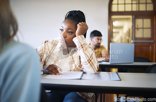 Image of Black woman, student and depression with mental health and education burnout, sad while learning and depressed female. Anxiety about test, college fear and university fail with academic crisis.