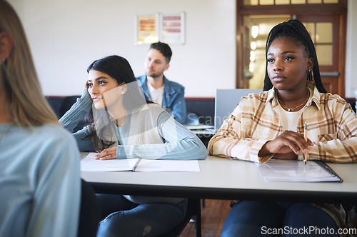 Image of Students, diversity and listening in classroom lesson or lecture on university, college or school campus for education, learning or study. Women, man and scholarship paper research or exams schedule