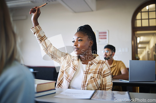 Image of College student, black woman and hands to answer question in classroom for teaching, school education or learning. University student with raised hand for asking questions, studying or campus lecture