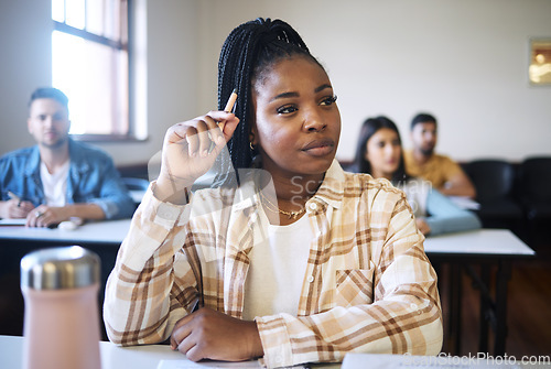 Image of Education, university and black woman thinking in classroom, learning and listening during a lecture. Students, college and girl with vision for future, ambition and career goals, planning and dream