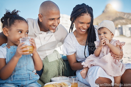 Image of Black family, beach picnic and love while on vacation eating food and having drinks while happy with mother, father and children. Baby with man, woman and sibling on summer holiday outdoor in nature