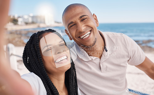Image of Holiday selfie, happy and black couple at the beach, honeymoon peace and relax by the ocean in Puerto Rico. Memory, smile and portrait of an excited man and woman with a photo on vacation by the sea