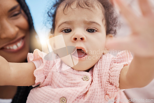 Image of Face, baby or mom bonding in nature park, garden or backyard environment on mothers day, birthday celebration or Brazilian holiday fun. Zoom, toddler portrait or girl and parent in selfie pov or love