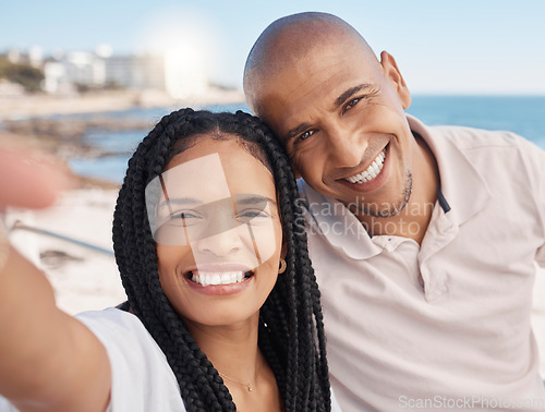 Image of Love, selfie and portrait of black couple at the beach enjoying summer holiday, vacation and romantic weekend. Traveling lifestyle, adventure and man and woman relax, bond and smile by sea in Miami